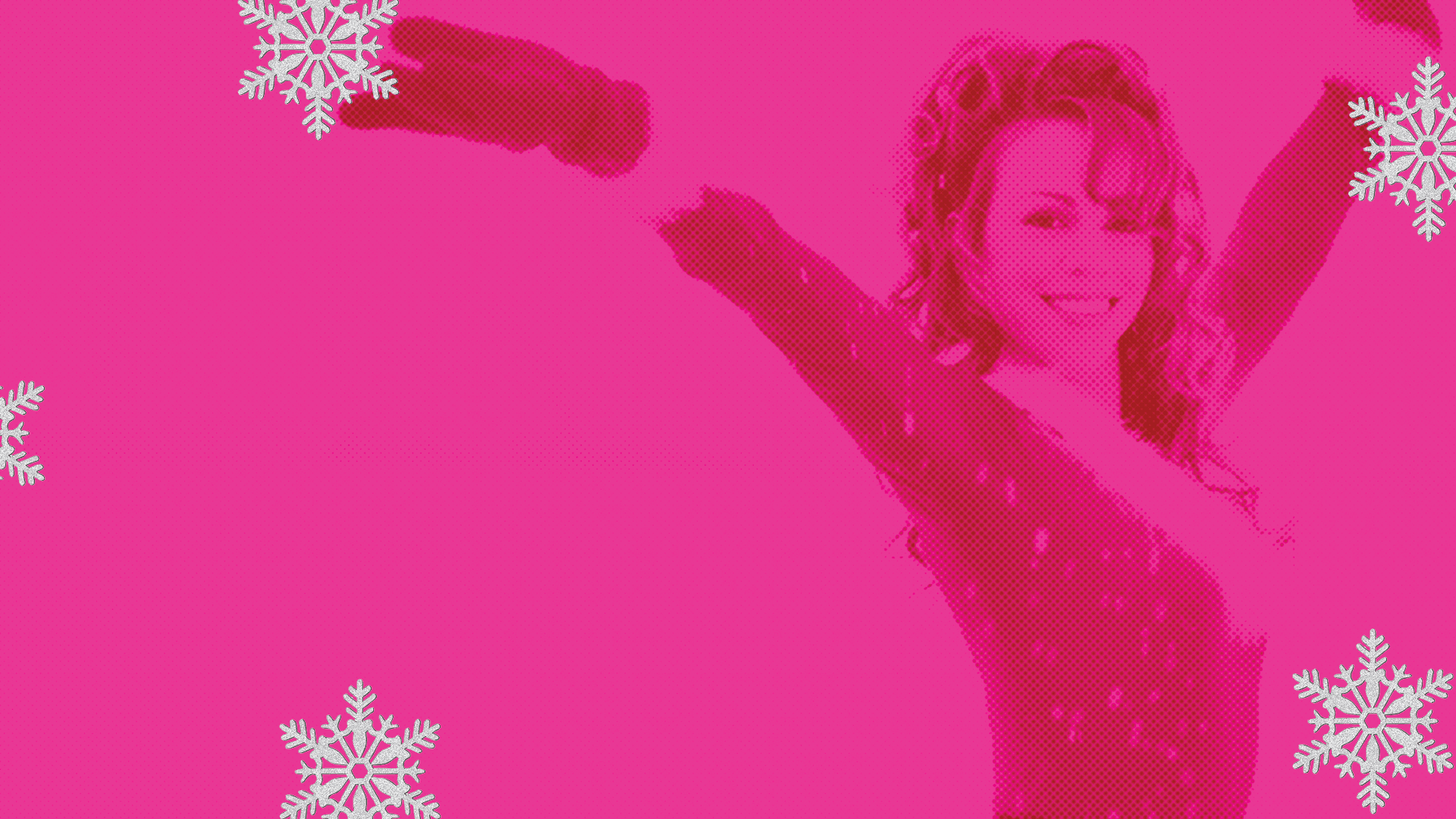 An image of Mariah Carey at Christmas overlayed in pink with white snowflakes